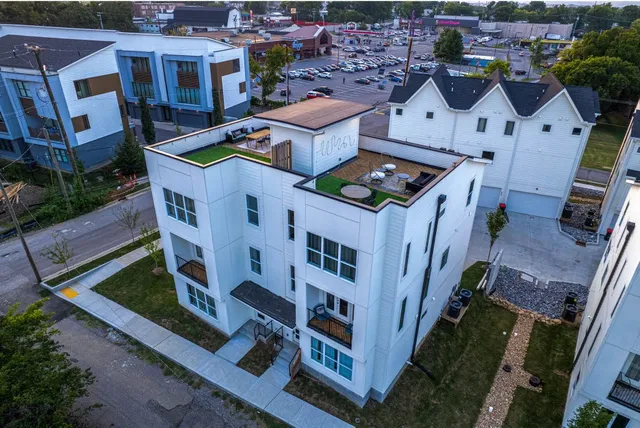 aerial view of a house with many windows