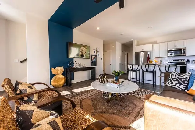 a view of a dining room with furniture