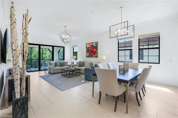 a view of a dining room with furniture window and outside view