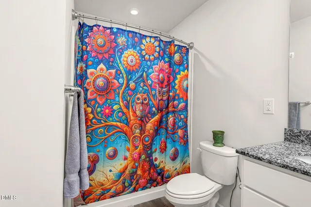 a white toilet sitting next to a shower curtain