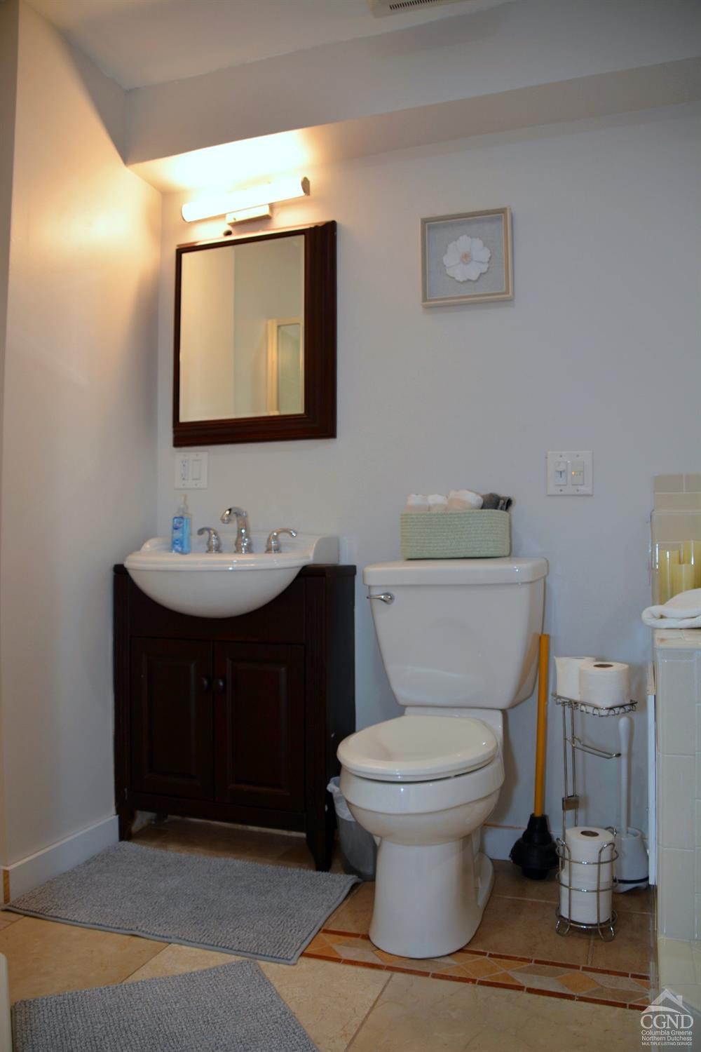 81 Scribner Hollow Road, Unit D 2 Hunter, NY 12442 - Photo 23 of 36 a bathroom with a sink toilet and mirror