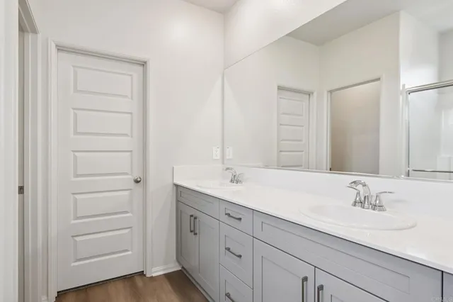 a bathroom with a shower sink and mirror