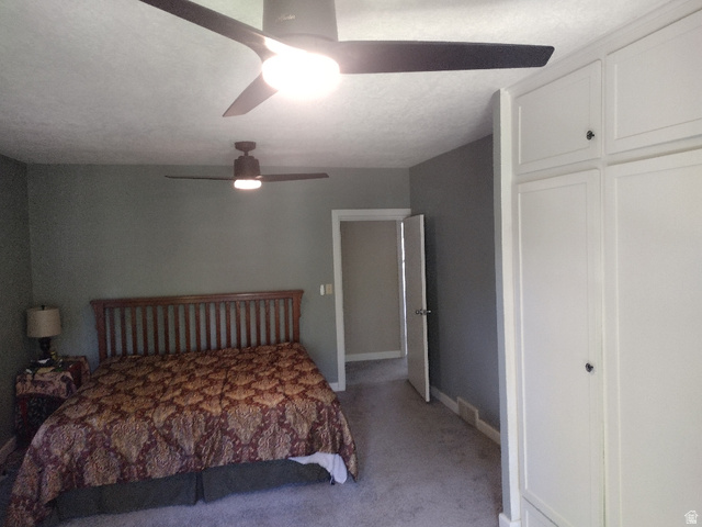 157 West 500 South Logan, UT 84321 - Photo 29 of 38 Room featuring two ceiling fans with integrated lighting, built-in white cabinetry, light gray wall paint, and gray carpet flooring