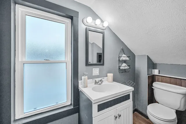 a bathroom with a sink toilet and mirror