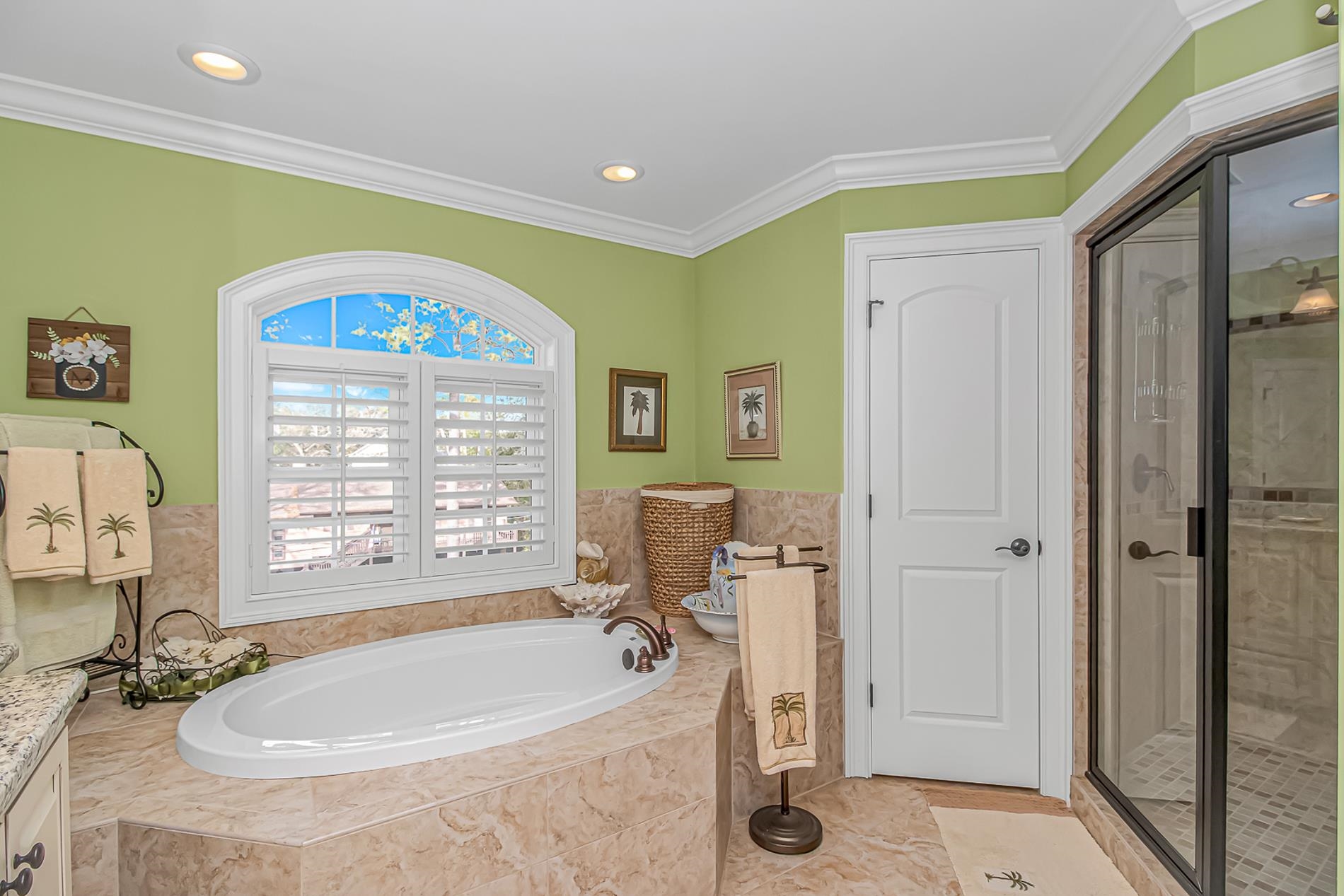 309 North Myrtle Drive Surfside Beach, SC 29575 - Photo 20 of 40 Bathroom with a shower stall, a bath, crown molding, vanity, and recessed lighting