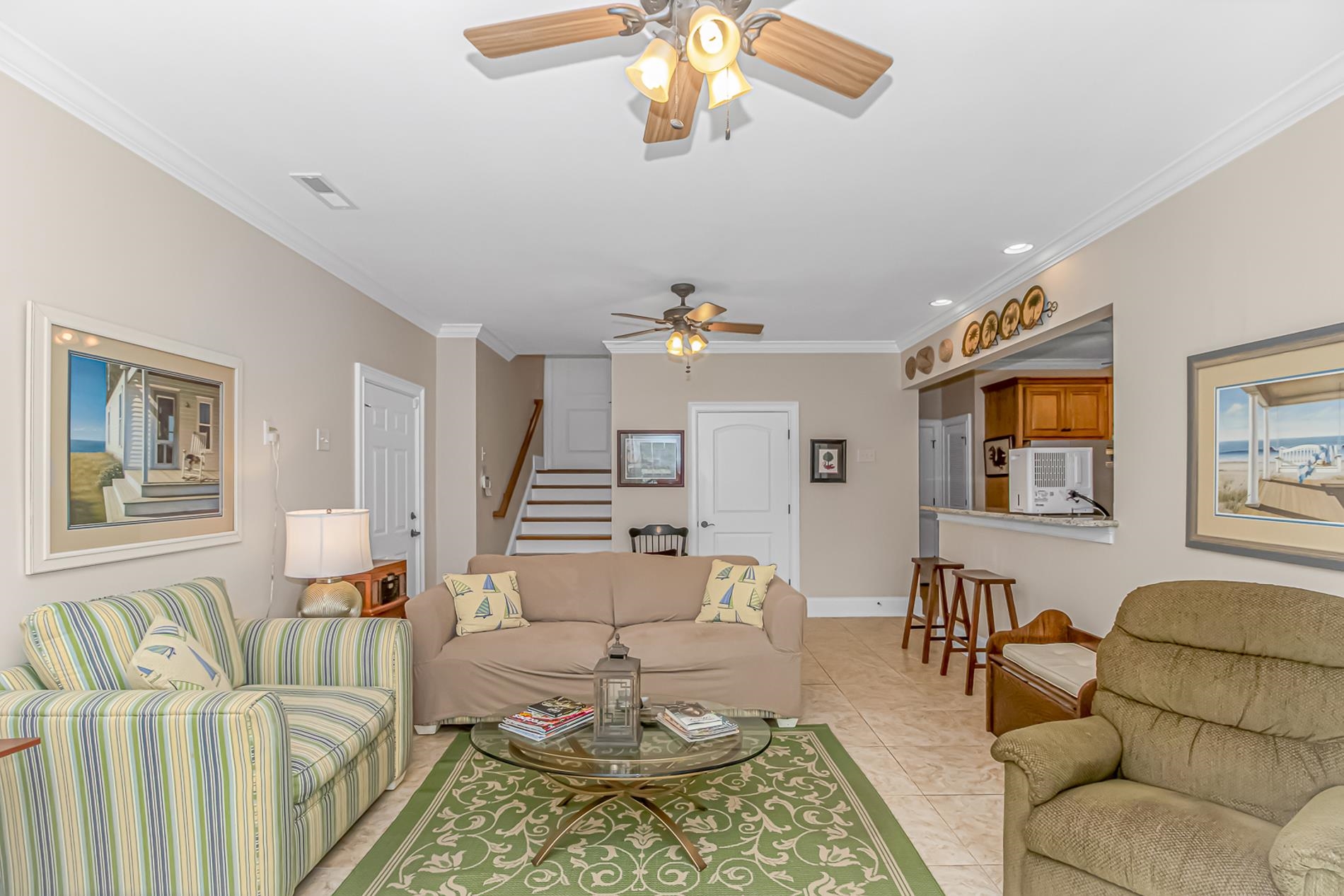 309 North Myrtle Drive Surfside Beach, SC 29575 - Photo 28 of 40 Living area featuring crown molding, a ceiling fan, stairway, light tile patterned floors, and recessed lighting