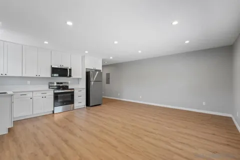 a view of a big room with wooden floor and closet