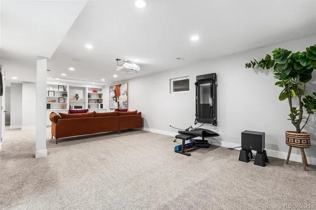 a living room with furniture gym equipment and a potted plant