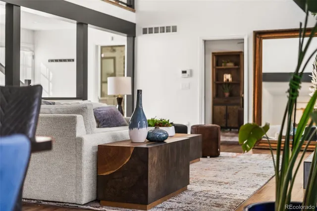 a living room with furniture rug and a potted plant