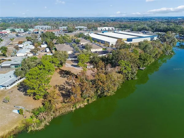 a backyard of a house with large trees and plants