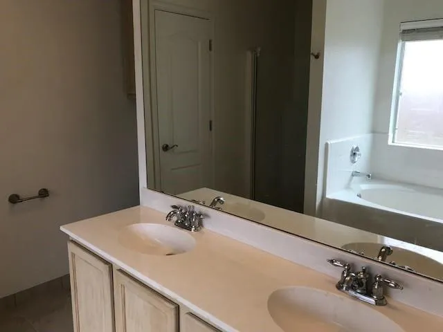 a bathroom with a sink and a mirror