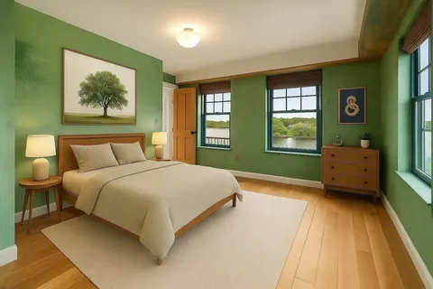 a bedroom with a bed and a painting on the wall