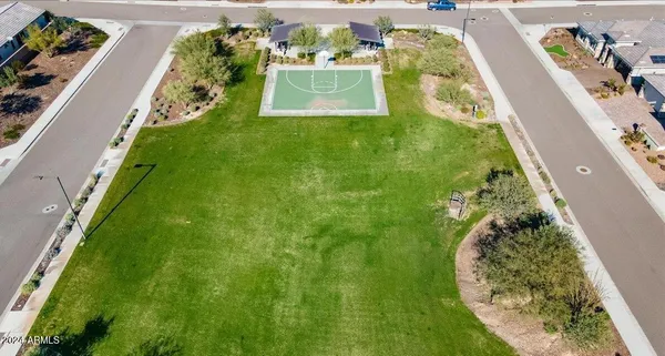 an aerial view of a swimming pool