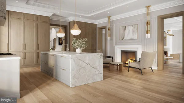 a living room with furniture a fireplace and a table