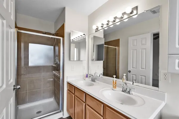 a bathroom with a sink a shower and a mirror