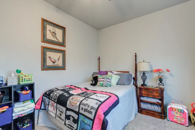 a bedroom with bed and a baby crib