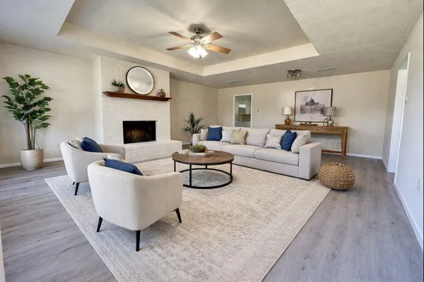 a living room with furniture a fireplace and a potted plant