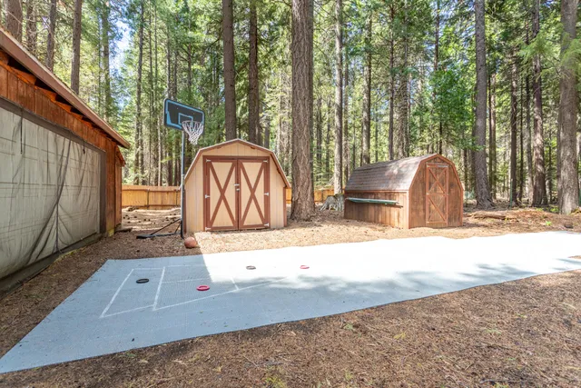 a view of a backyard with tree
