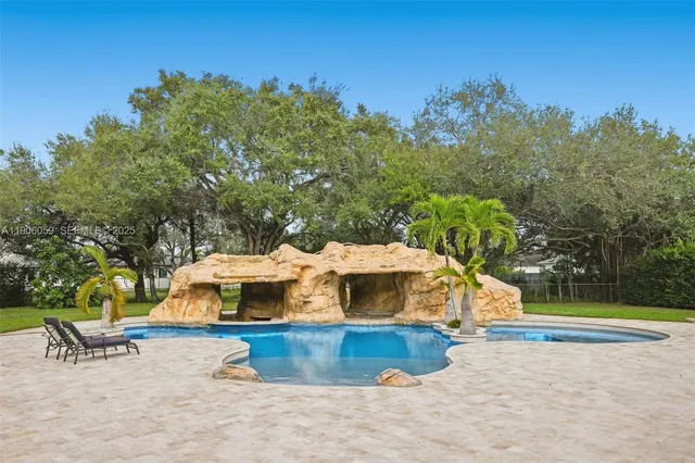 a view of a swimming pool with a yard