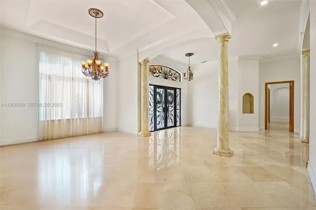 a view of a chandelier in a room