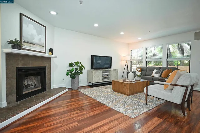 a living room with furniture a flat screen tv and a fireplace