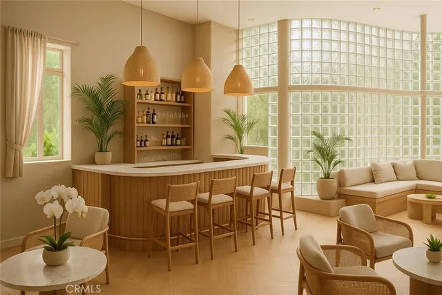 a dining room with furniture and a window