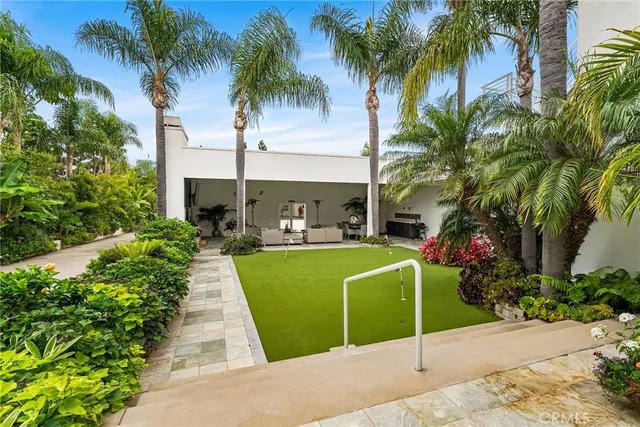 a view of a backyard with a table and chairs potted plants and palm trees