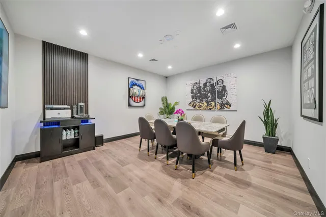 a view of a dining room with furniture