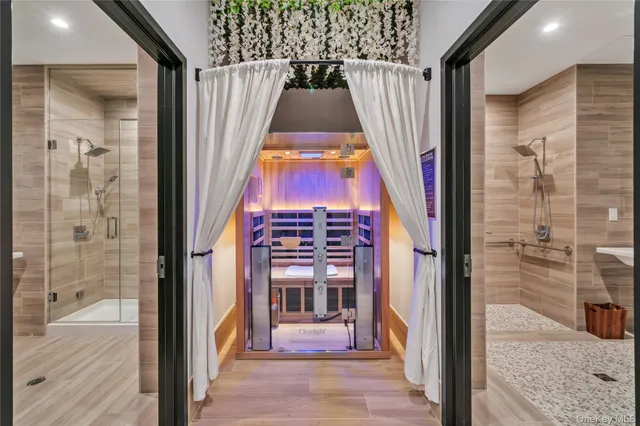 a view of a hallway with windows