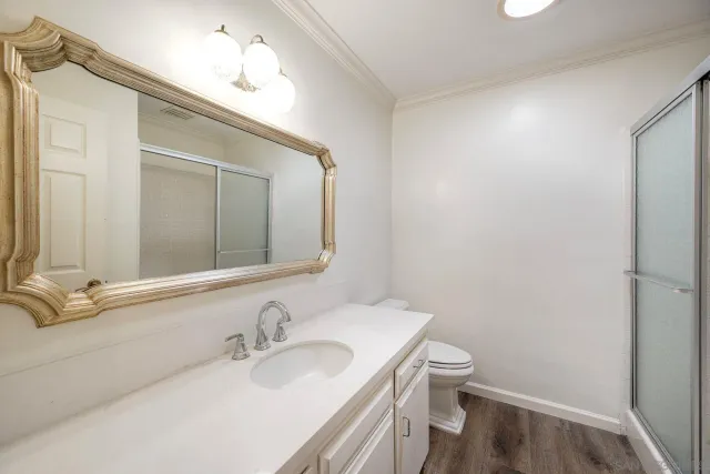 a bathroom with a granite countertop sink a toilet and a mirror