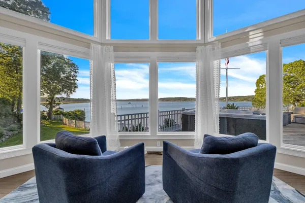 a living room with furniture and a floor to ceiling window