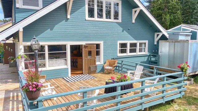 a front view of a house with patio