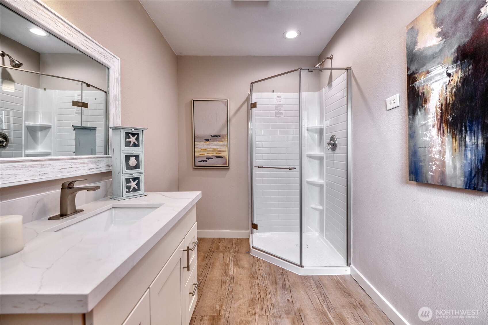 1379 Gulf Road Point Roberts, WA 98281 - Photo 23 of 37 a bathroom with a sink and a mirror