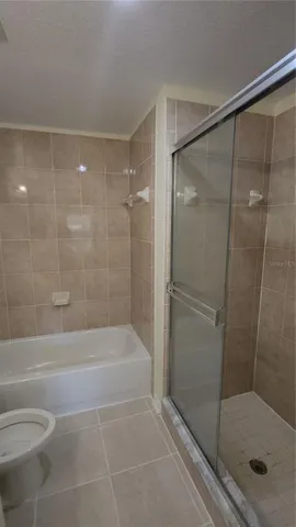 a bathroom with a shower and a toilet