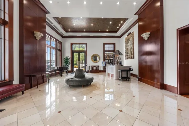 a view of a tub sitting in the middle of a building