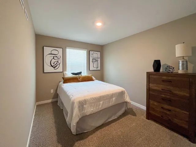 a bedroom with a bed and a dresser