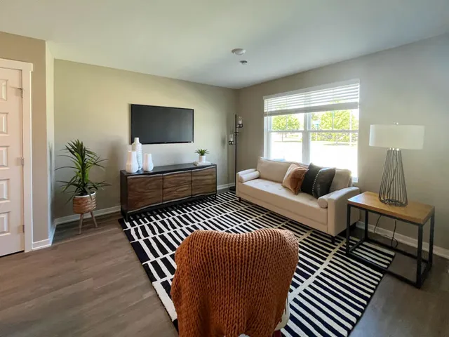 a living room with furniture a rug and a flat screen tv