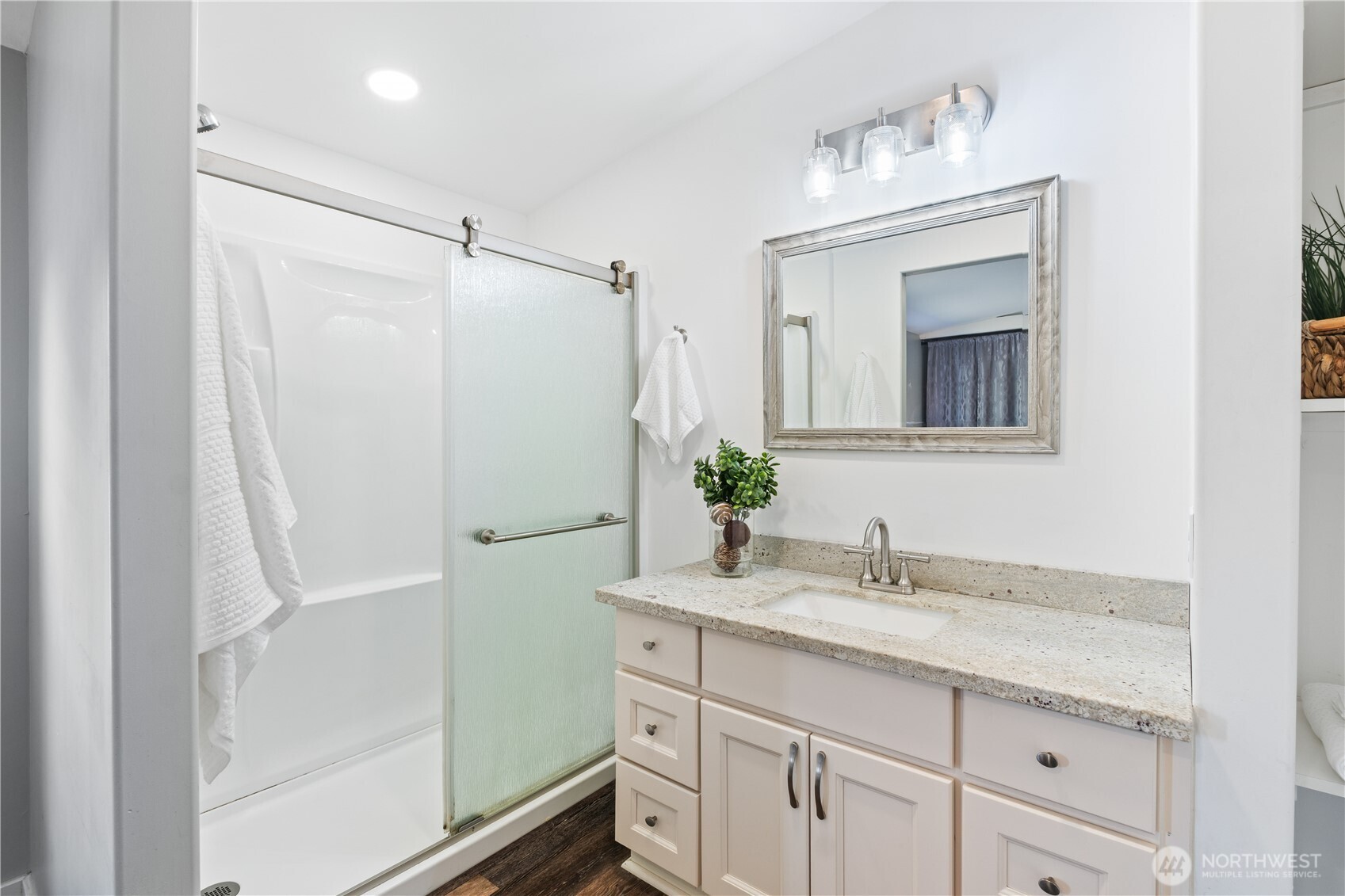 3471 Birch Bay Lynden Road Custer, WA 98240 - Photo 16 of 38 a bathroom with a granite countertop shower sink vanity and mirror
