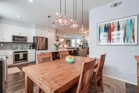 a view of a dining room with furniture
