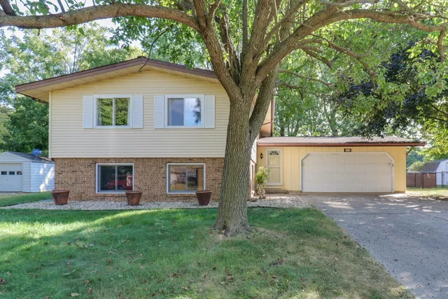 a view of a yard in front of a house with plants and large tree