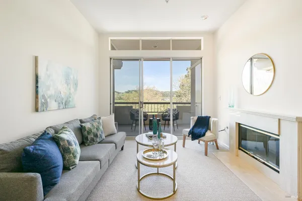 a living room with furniture a fireplace and a floor to ceiling window