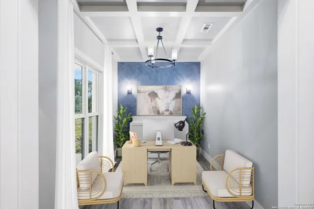 a view of dining room with furniture wooden floor and chandelier