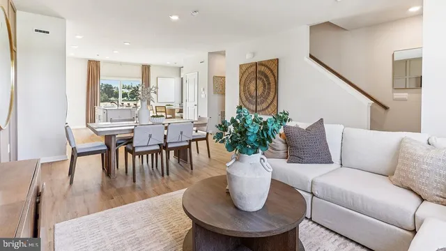 a living room with furniture a dining table and a potted plant