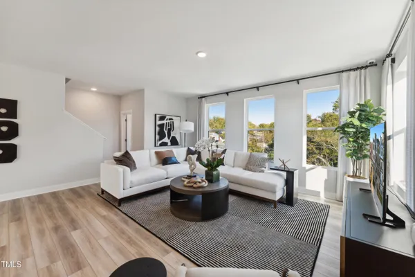 a living room with furniture a flat screen tv and a potted plant