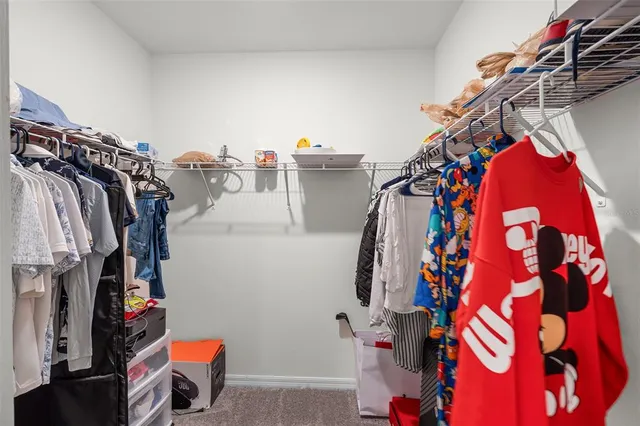 a view of walk in closet with clothes and shoes