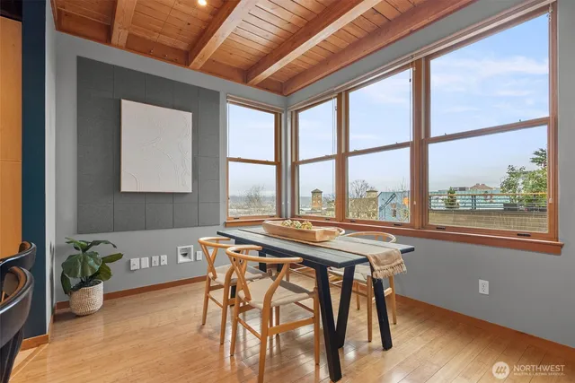 a table and chairs in a room next to a window