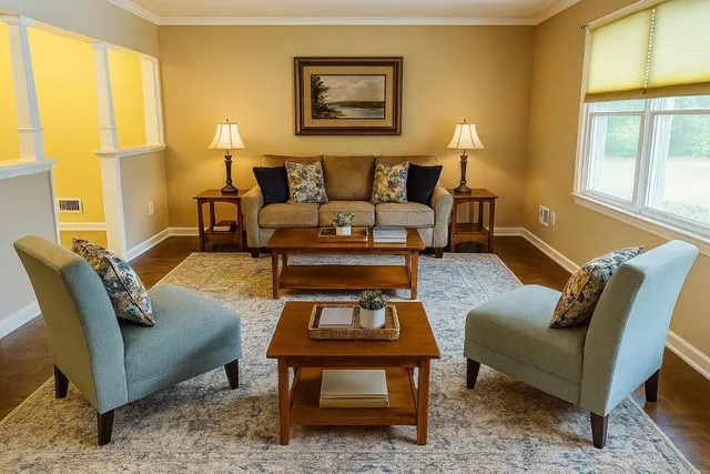 a living room with furniture a rug and a window