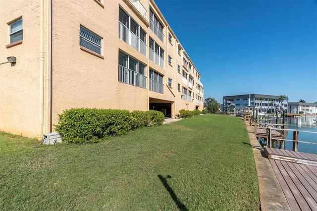 a view of a building with a garden