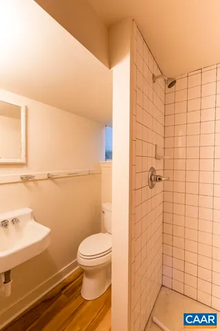 a bathroom with a toilet and a shower