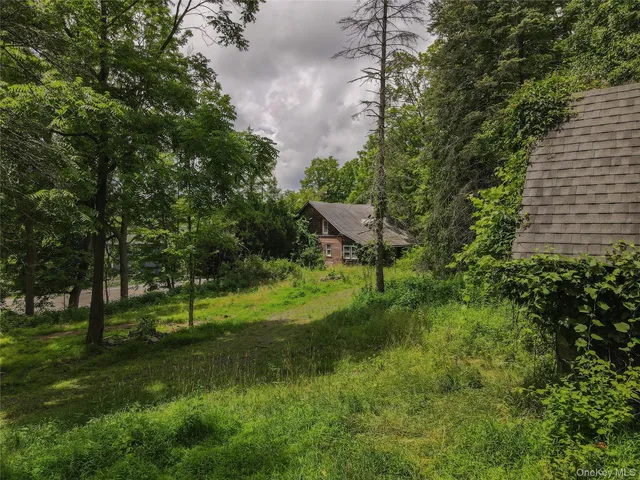 an aerial view of residential houses with outdoor space and trees